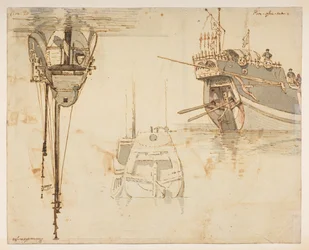 f.58 145v Boat.‘ Řeka Lim-po. 20. listopadu.“  , z alba 372 kreseb krajin, pobřeží, kostýmů a každodenního života vytvořených během velvyslanectví lorda Macartneyho u čínského císaře v letech 1792 až 1794 (tužka a akvarel na papíře)