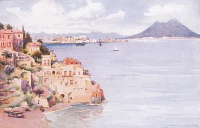 Neapolský záliv, z Hutchinsonovy malebné Evropy vydané nakladatelstvím Hutchinson & Son, kolem roku 1930 (barevné lito)