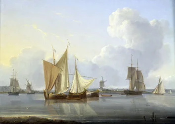 Příjezd do Limehouse v Londýně (Anglie), různé lodě na Temži a mlýn na břehu, vpravo Greenwichská nemocnice. Olej na plátně, kolem roku 1820, autor William Anderson (1750-1778).