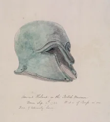 Starověká mosazná přilba z Britského muzea, Holborn, Londýn, 1784