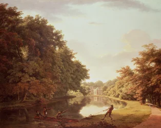 Punt na řece Clodiagh v Charleville Forest, Offaly s Castellated Farm a Gothick Dairy mimo, kolem roku 1810