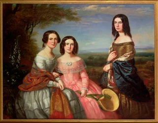 Skupinový portrét tří dívek, tříčtvrteční délka, v krajině, 1849