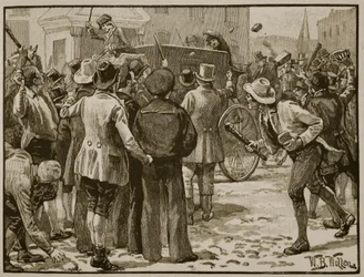 Útok na sira Charlese Wetherella v Bristolu, ilustrace z „Cassell