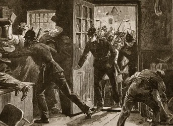 Střet v Ennisu mezi členy National League a policií, 1886, ilustrace z „Cassell