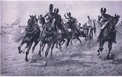 Děla vpředu: Waterloo 18. června 1815, ilustrace z britských bitev na souši a na moři, 1915