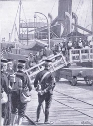Japonská vojska naloďující se v Kóbe, ilustrace z Cassells Historie rusko-japonské války Vol 1, kolem roku 1900