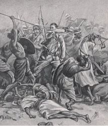 Náměstí v Abu-Klea, 17. ledna 1885, ilustrace z britských bitev na zemi a na moři, 1915