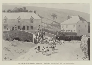 S Devonem a Somerset Staghoundy, vzít Hounds na Meet přes Exford Bridge