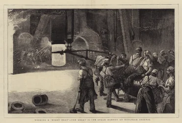 Velké 35tunové parní kladivo ve Woolwichském arzenálu pracující v nočním žáru