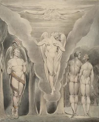 Ilustrace 4 k Miltonově "Ztracený ráj": Satan špehuje Adama a Evu a Raphaelův sestup do ráje, 1807