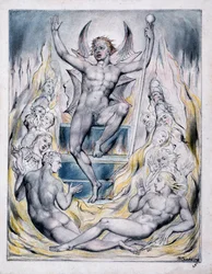 Satan oslovuje své potentáty, ilustrace z knihy "Paradise Regained" od Johna Miltona, asi 1816-18 (pero a tuš, šedá barva a akvarel na papíře)