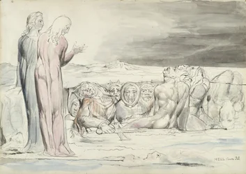 Kruh zrádců: Bratři Albertiové, ilustrace k Božské komedii od Dante Alighieriho, 1824-27 (pero a inkoust s wc přes tužku a křídu na papíře)