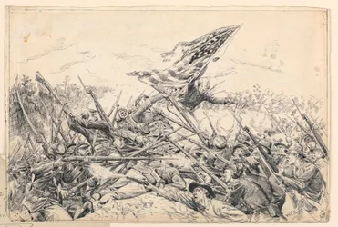 Kresba, Hancockův sbor útočí na opevnění u "Bloody Angle", 1887
