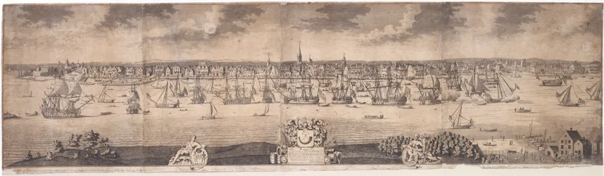 Jižní vyhlídka Ye vzkvétající město New York v provincii New York v Americe, vyryto Johnem Harrisem, 1717-18