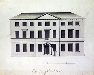Návrh na Enville Hall ve Staffordshiru, asi 1770 (pero a tuš s šedomodrými šmouhami)