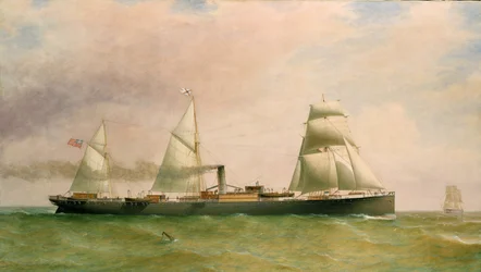 Třístěžňová loď a parník "Dorunda" s vlajkou Britské indické paroplavební společnosti, která pochází z roku 1873, Dorunda, postavená v roce 1875, byla používána k přepravě cestujících v Austrálii a v roce 1894 byla potopena na portugalském pobřeží.