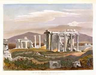 Pohled na chrámy Erectheus a Pandrosus, Akropoli, z „Výběr pohledů na zbytky antických památek v Řecku“, vydal Ackermann, Londýn 1835