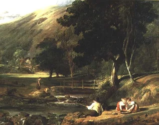 Borrowdale, Cumberland, s dětmi hrajícími si u proudu