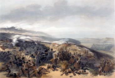 Druhé dobití stráží, když v bitvě u Inkermanu znovu dobyli baterii se dvěma děly, vyrytou Edmondem Morinem (1824-82) z The Seat of War in the East – první série, nakladatelství Colnaghi und