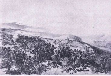 Druhý útok na gardy, když znovu dobyli dvě dělové baterie v bitvě u Inkerman, ilustrace z britských bitev na souši a na moři, 1915