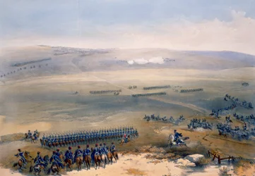 Jezdecký střet na výšinách Bulganaku: první výstřel, tabule z „The Seat of War in the East“, vydal Paul a Dominic Colnaghi a Co., 1856