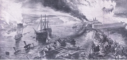 Pád Sevastopolu a ústup Rusů, 8. září 1855, ilustrace z britských bitev na souši a na moři, 1915