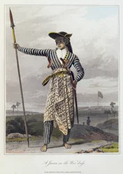 Jávanec ve válečném oděvu, tabule 5 ze svazku I díla „The History of Java“ od Thomase Stamforda Rafflse (1781-1826), vydáno 1817