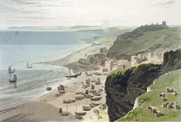 Hastings, z East Cliff, z „Cesta kolem Velké Británie uskutečněná mezi lety 1814 a 1825“, publikovaná v roce 1823