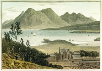 Západní pohled z ostrova Raasay (Skotsko) s popisem velké budovy a přilehlých zahrad. Barevný lept William Daniell (1769-1837)