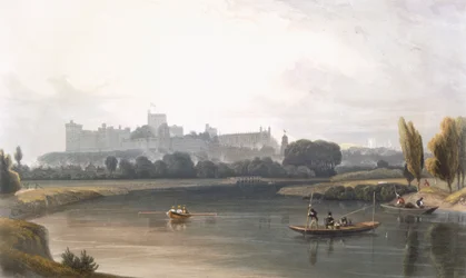 Hrad Windsor od řeky Temže: pohled na západ a rybolov z pramicí, c1827-30.