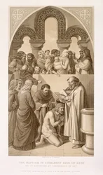 Křest kentského krále Ethelberta (asi 552-616) svatým Augustinem v Canterbury v roce 597, z knihy "Ilustrace k anglickým a skotským dějinám", I. díl