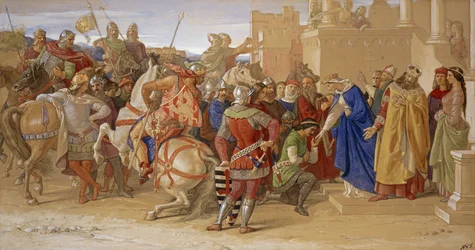 Rytíři kulatého stolu se chystají odjet při hledání svatého grálu, 1849