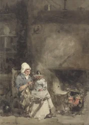 Žena a dítě u krbu, 1842 (wc nad grafitem na papíře)