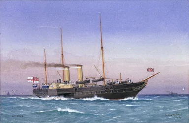 Královská jachta "Osborne" (1870) na moři se složenými plachtami a plnou parou. Akvarel