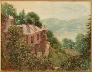 John Ruskin ve své studii věžičky v Brantwoodu (akvarel)