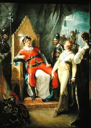 Edward Prince z Walesu a jeho matka královna Margaret (1430-82) předvedeni před krále Edwarda IV (1442-83) po bitvě u Tewkesbury (olej na plátně)
