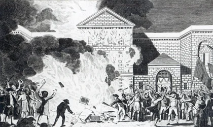 Devastace způsobené vzbouřenci z Londýna vypálením New Gaol of Newgate a spálením nábytku pana Akermana undc, 6. června 1780, vyryto T. Thorntonem