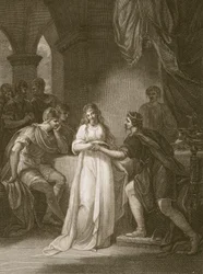 Vortigern a Rovena, rytina Delatre, ilustrace z knihy Davida Huma "The History of England", vyd. R. Bowyer, Londýn, 1812.