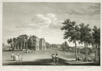 Pohled na dům a část zahrady ve West Wycombe, Buckinghamshire, vyryl William Woollett (1735-85)