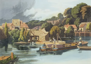 Hrad Wallingford v roce 1810 během oprav mostu, vyrytý Robertem Havellem mladším (1793-1878) publikoval 1818 (akvatinta)