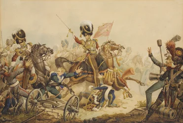 1. Life Guards nabíjející francouzské dělostřelectvo v bitvě u Waterloo v roce 1815, 1820