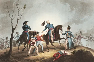 Smrt sira Johna Moorea (1761-1809), 17. ledna 1809, z knihy „The Martial Achievements of Great Britain and her Allies from 1799-1815“, od Jamese Jenkinse, rytina Thomase Sutherlanda (nar. 1785), vydáno