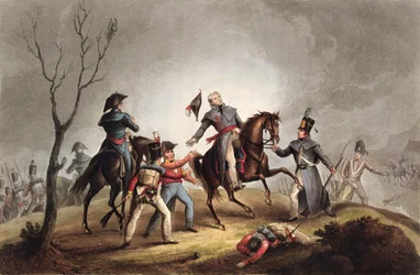 Smrt sira Johna Moora (1761-1809), 17. ledna 1809, z díla „Válečné úspěchy Velké Británie a jejích spojenců z let 1799-1815“, James Jenkins, rytina Thomas Sutherland (nar. kolem 1785), vydáno