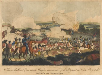 Pořízeno v době, kdy byli kyrysníci obklíčeni 79. plukem a skotskými šedými v bitvě u Waterloo, 18. června 1815, vyryl Romney a vydal Richard Evans, 1816 (spol.