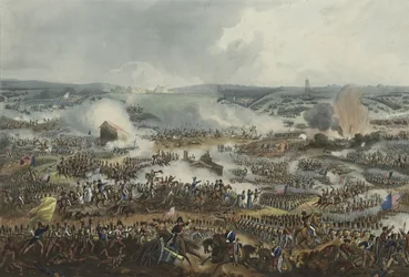 Bitva u Waterloo, 18. června 1815, akvatinta od Thomase Sutherlanda (1785-1838), publikovaná v díle „Martial Achievements“ Jamese Jenkinse, 1. září 1815