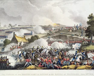 Střed britské armády v akci v bitvě u Waterloo, 18. června 1815, vyryto Sutherlandem
