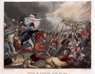 Vévoda z Wellingtonu (1769-1852) s jednotkami postupujícími v bitvě u Waterloo, ilustrace z narativní básně Dr. Syntaxe, 1818 (barevná akvatinta)