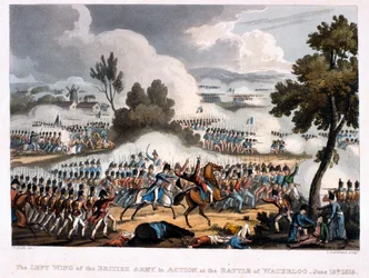 Levé křídlo britské armády v akci v bitvě u Waterloo, vyryté Thomasem Sutherlandem, 1815 (barevná akvatinta)