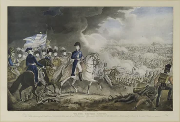 „Britskému národu“, vévoda z Wellingtonu a nejvýznamnější důstojníci v bitvě u Waterloo, 18. června 1815, akvatinta od W. T. Frye a T. Sutherlanda, vydal J. Jenkins, Londýn, 18
