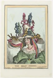 Žena s velkým kloboukem, na kterém sedí mužské postavy The Beau Monde (název na objektu)